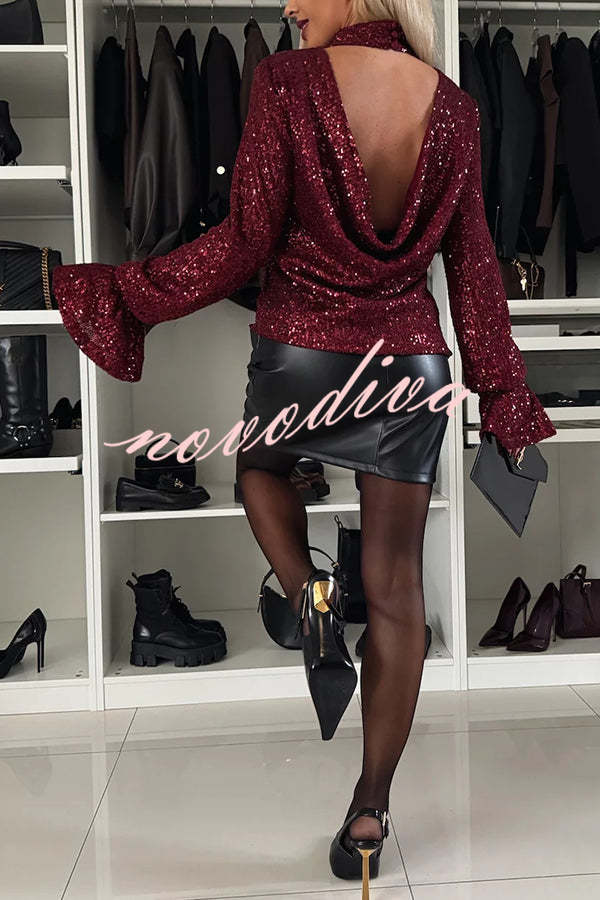 Raina Sequin Long Bell Sleeve Back Cowl Neck Draped Blouse