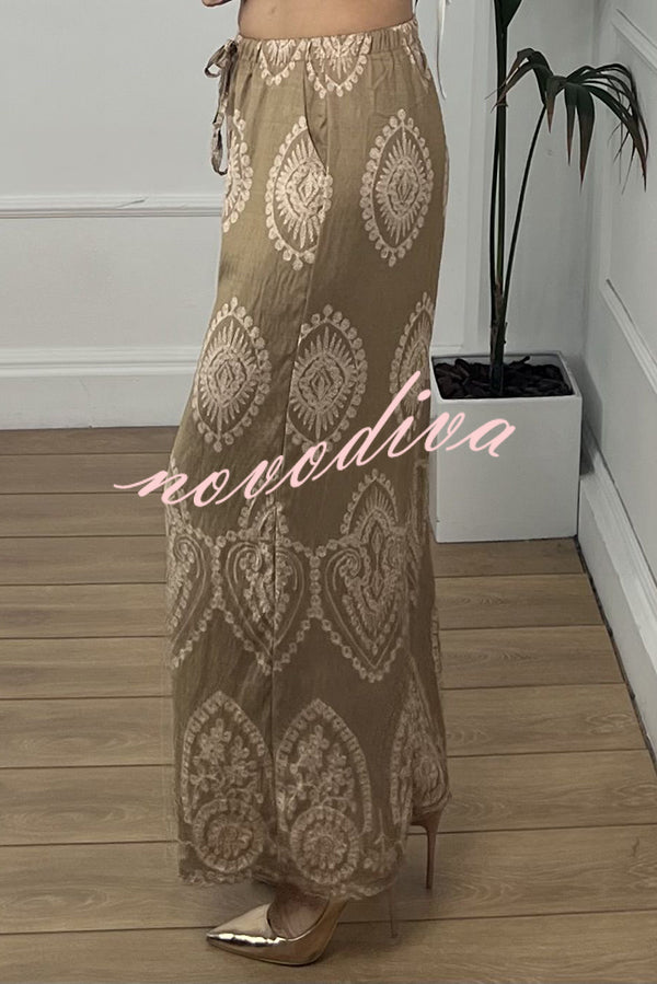 Unique Print Elastic Waist Casual Pocket Wide Leg Pants