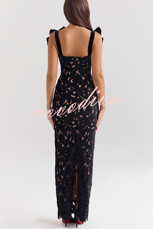 Holiday Intimacy Embroidered Floral Lace Bow Shoulder Straps Slit Maxi Dress