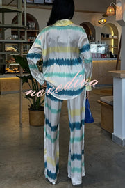 Lizbeth Satin Tie Dye Print Long Sleeve Shirt and Elastic Waist Pocketed Pants Set