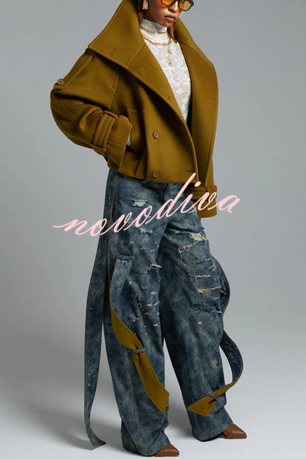 Ellie Epaulettes Stand Neck Double-Breasted Pocket Cropped Loose Woolen Coat