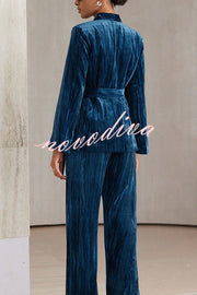 Solid Color Velvet Pleated Long-sleeved Tie Top and Casual Pocket Straight-leg Pants Set