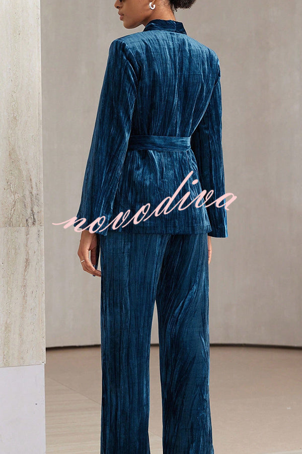 Solid Color Velvet Pleated Long-sleeved Tie Top and Casual Pocket Straight-leg Pants Set