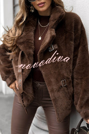 Chill Whispers Belt Buckle Design Long Sleeve Pocket Lapel Plush Coat