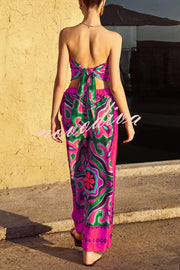 Ethnic Style Unique Print Tube Top and Elastic Waist Casual Pocket Wide Leg Pants Set