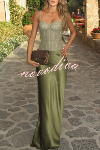 In A Fairytale Lace Satin Mid Rise Drape Maxi Skirt