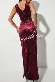 Solid Color Velvet Round Neck Sleeveless Slim Slit Maxi Dress