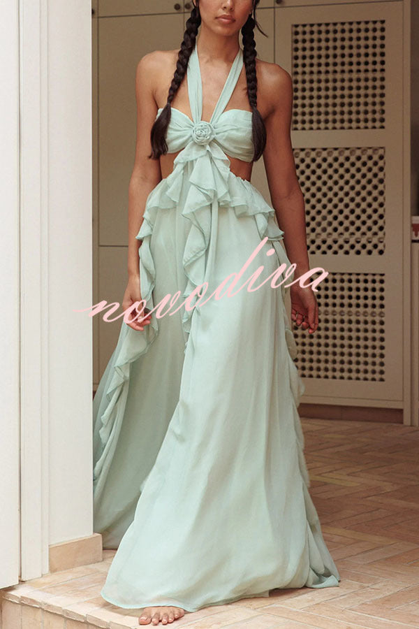 Gorgeous Vacation Halter Rose Detail Cut Out Ruffles Backless Maxi Dress