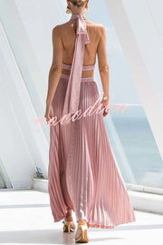 Stunning Choice Satin Pleated Halter High Neck Cutout Waist Backless Maxi Dress
