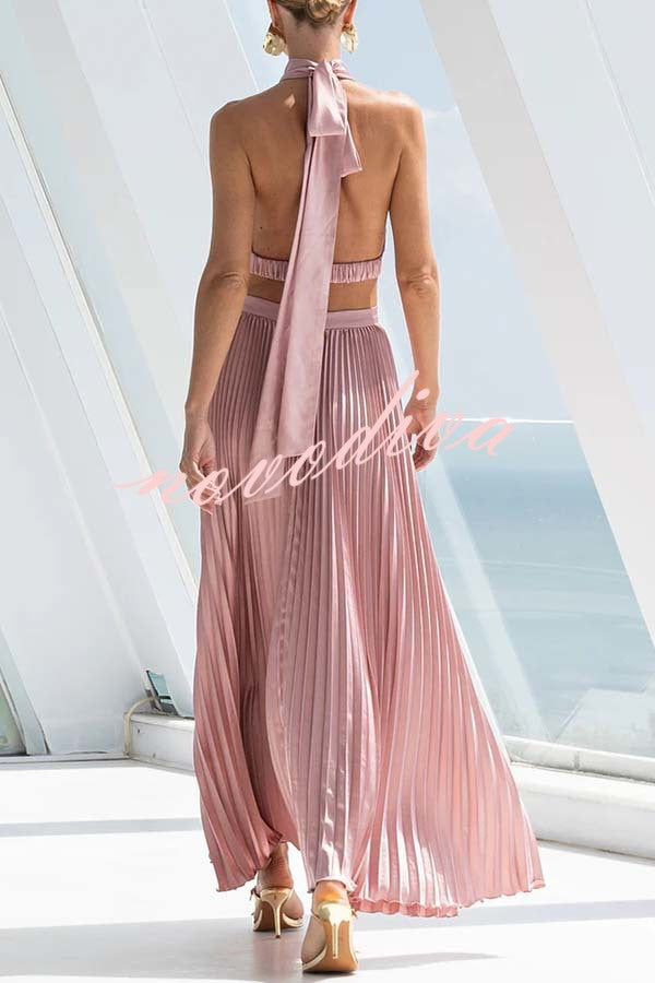 Stunning Choice Satin Pleated Halter High Neck Cutout Waist Backless Maxi Dress