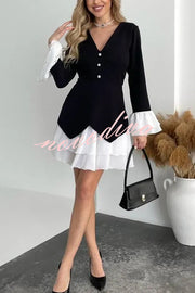Fashionable Contrast Color Panel Long Sleeve Ruffled Mini Dress