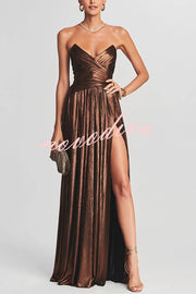 Goddess Temperament Metallic Pleated Fabric Off Shoulder Slit Maxi Dress