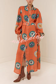 Linen Blend Unique Print Belted Single-breasted Casual Maxi Dress