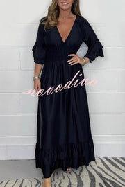 Solid Satin V-Neck Ruffle Sleeve Pleated Waist Maxi Dress