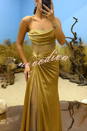 Essie Satin Rhinestone Patchwork Twist Waist Strapless Slit Maxi Dress