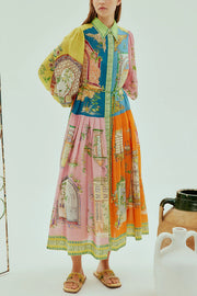 Unique Print Lapel Lantern Sleeve Single Breasted Tie Waist Midi Dress