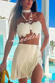 Solid Color Halter Neck Tassel Skirt Stretch Two-piece Bikini Swimsuit