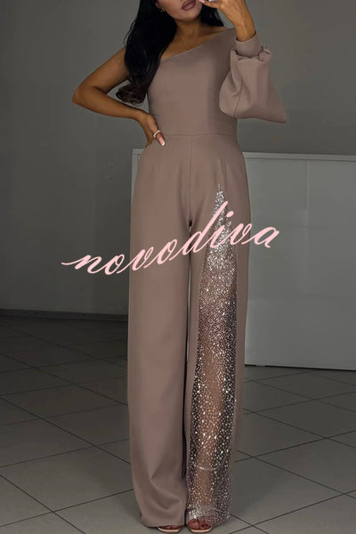 Carlisle One Shoulder Slit Lantern Sleeve Sequin Patchwork Wide Leg Party Jumpsuit