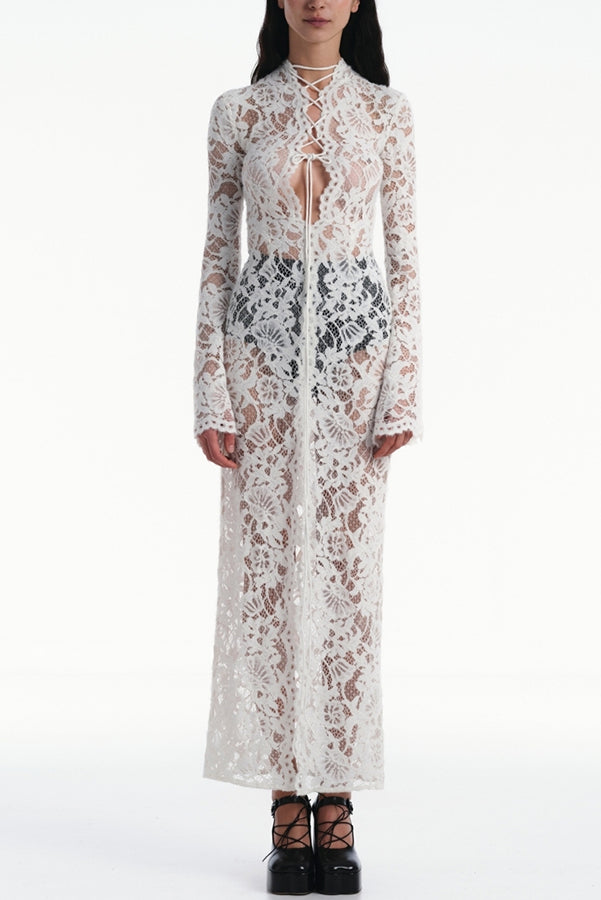 Garcelle Floral Lace Lace-up Long Bell Sleeve Slit Midi Dress