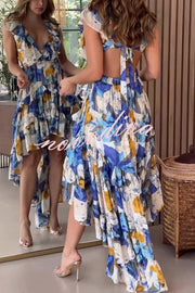 Boho Floral Print Sexy V-neck Backless Resort Maxi Dress