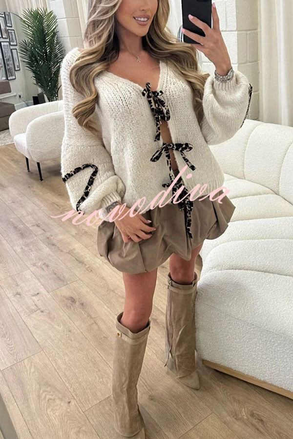 Fashionable Loose Long-sleeved Leopard Print Lace-up Knitted Sweater Cardigan