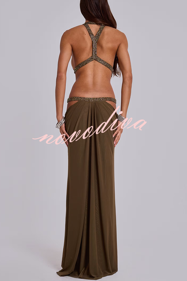 Khaki Hot-fix Rhinestone Shoulder Strap Cutout Design Backless Drape Maxi Dress