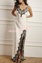 Breezy City Fall SatinLace Petal Trim Slip Tie-up H-line Slit Maxi Dress