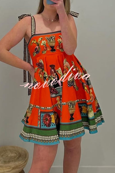 Linen Blend Unique Print Suspender Tie Casual Mini Dress