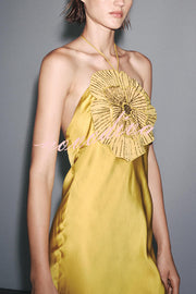 Fashionable Beaded Large Flower Decoration Halter Neck Backless Maxi Dress