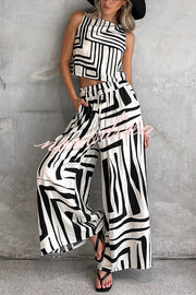 Striped Printed Sleeveless Casual Top and Elastic Waist Loose Pocket Wide-leg Pants Set