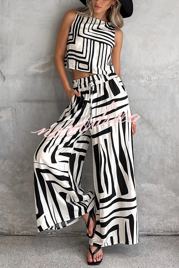 Striped Printed Sleeveless Casual Top and Elastic Waist Loose Pocket Wide-leg Pants Set