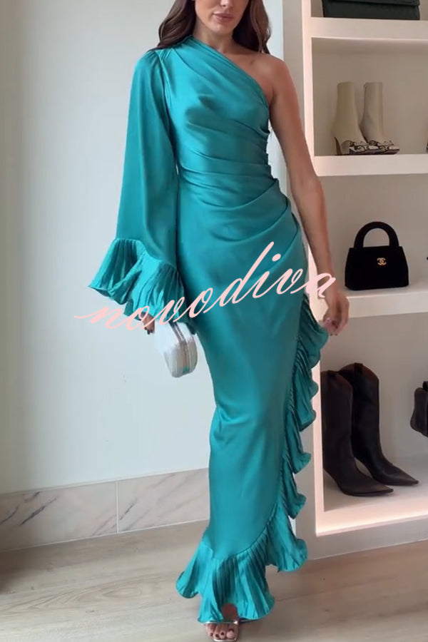 Elegant Satin One Shoulder Sleeve Pleated Ruffles Trim Ruched Asymmetrical Maxi Dress