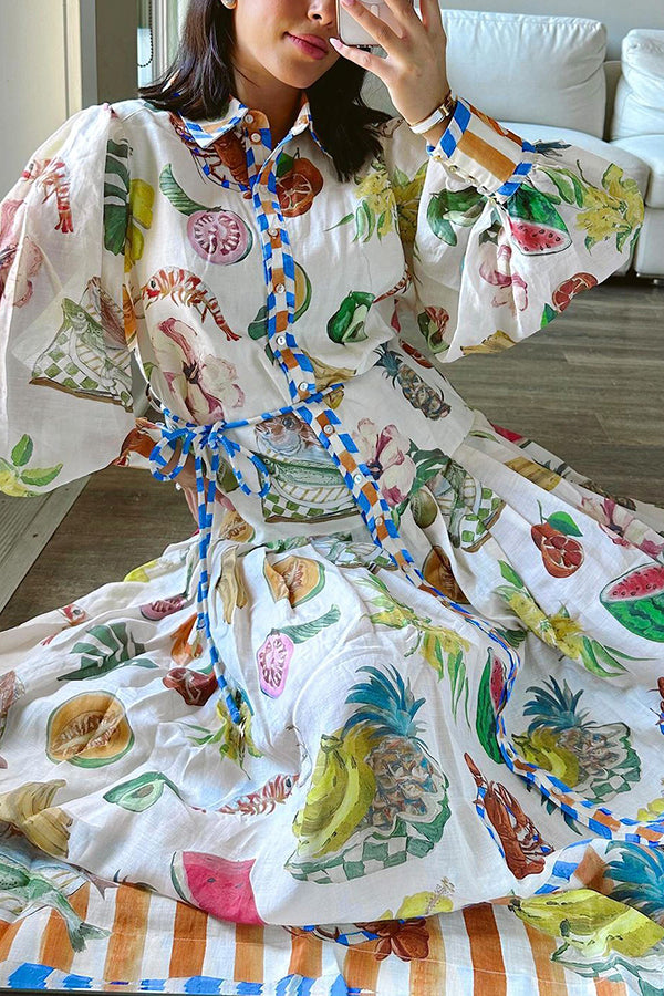 Hopeful Moments Tropical Fruit Print Balloon Sleeve Patchwork Shirt Midi Dress