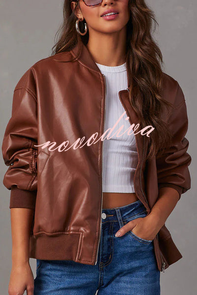 Solid Color Long Sleeve Loose Pocket Leather Jacket