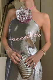 Moonlit Blooms Sequin Floral-appliqué Halter Neck Slit Gown Maxi Dress