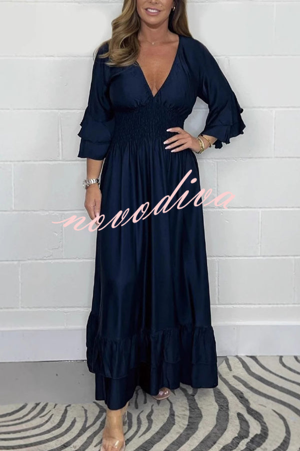 Solid Satin V-Neck Ruffle Sleeve Pleated Waist Maxi Dress