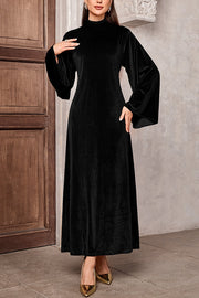 Solid Color Velvet Bell Sleeves Tie Waist Elegant Maxi Dress