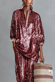 Holiday Honey Sequin Striped Trim Half Sleeve Loose Shirt and Elastic Waist Pocket Wide Leg Pants Set