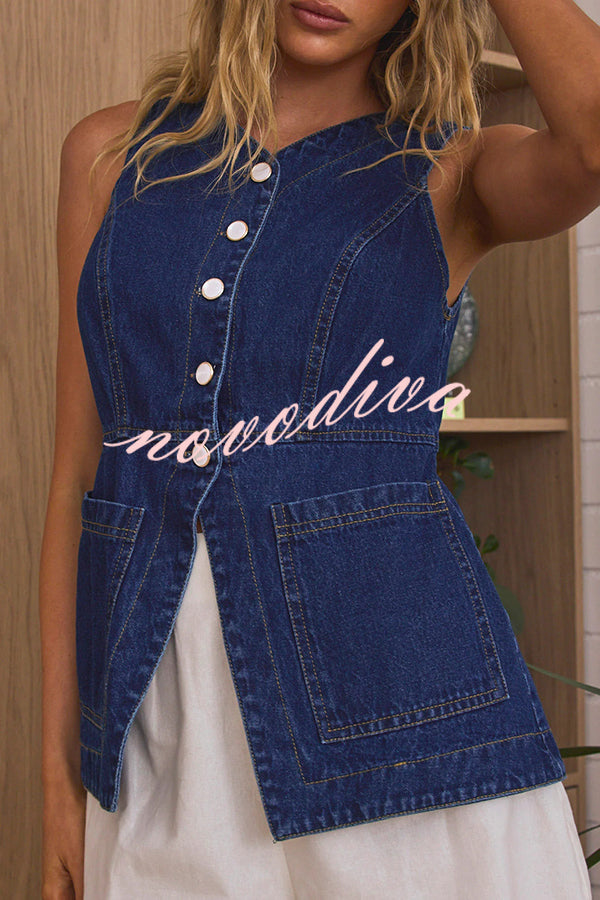 Fashionable Casual Slim Fit Button Pocket Denim Vest