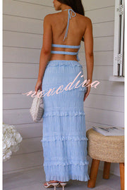 Feel Chic and Romantic Sequin Textured Material Back Elastic Halter Tie Tank and Drawstring Waist Tiered Maxi Skirt Set