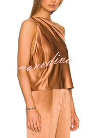 Christmas Dinner Satin Ruched One Shoulder Loose Tank