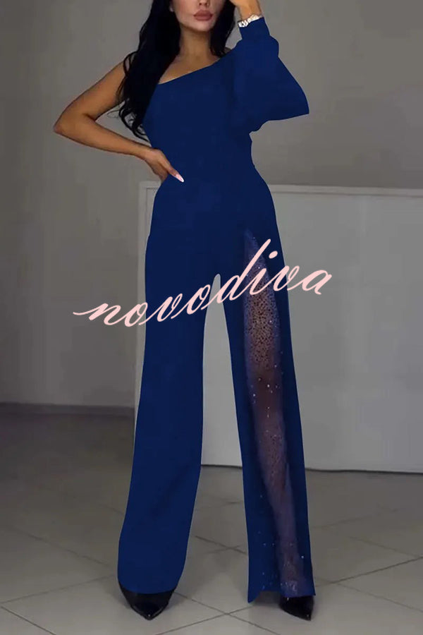 Fashionable Oblique Shoulder One-sleeve Sexy High Slit Slim Jumpsuit