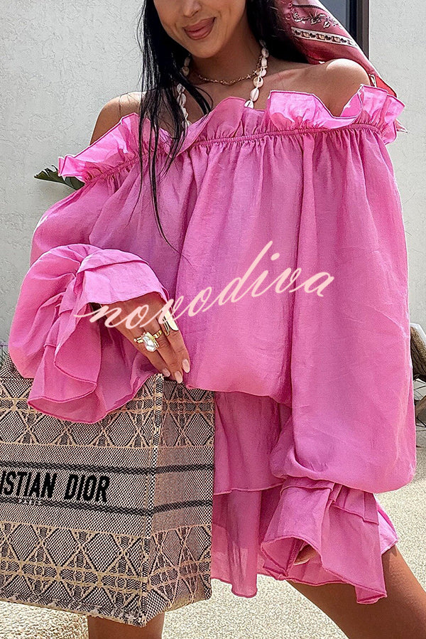 Arnell Linen Blend Off Shoulder Balloon Sleeve Shirt and Elastic Waist Layered Shorts Set