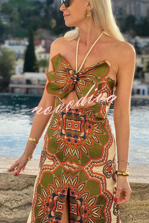 Rosalyn Unique Print 3D Butterfly Cutout Tassle Strap Halter Maxi Dress