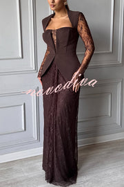 Belle Contrast Sheer Lace Fabric Patchwork Square Neck Long Sleeve Drape Maxi Dress