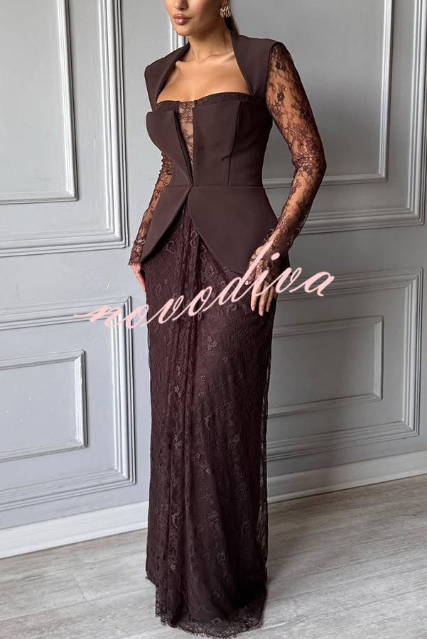 Belle Contrast Sheer Lace Fabric Patchwork Square Neck Long Sleeve Drape Maxi Dress