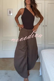 Fashion Slim-fit One-shoulder Stretch Bodysuit and Casual Side-slit Pants Set