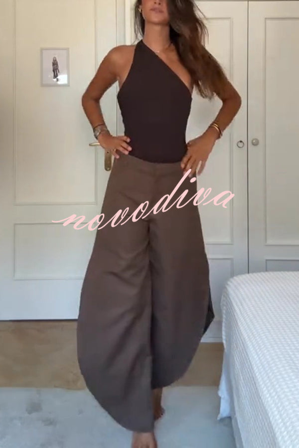 Fashion Slim-fit One-shoulder Stretch Bodysuit and Casual Side-slit Pants Set