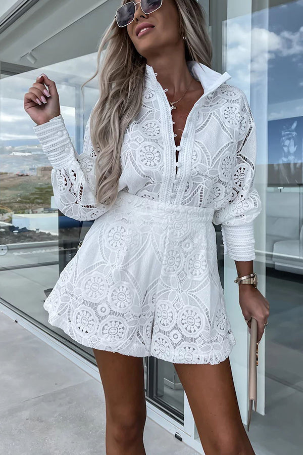 Radiant Blessings Eyelet Crochet Lace Blouse and Shorts Set