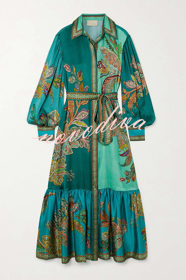 Resort Style satin Unique Printed Lapel Lantern Sleeve Lace-up Midi Dress